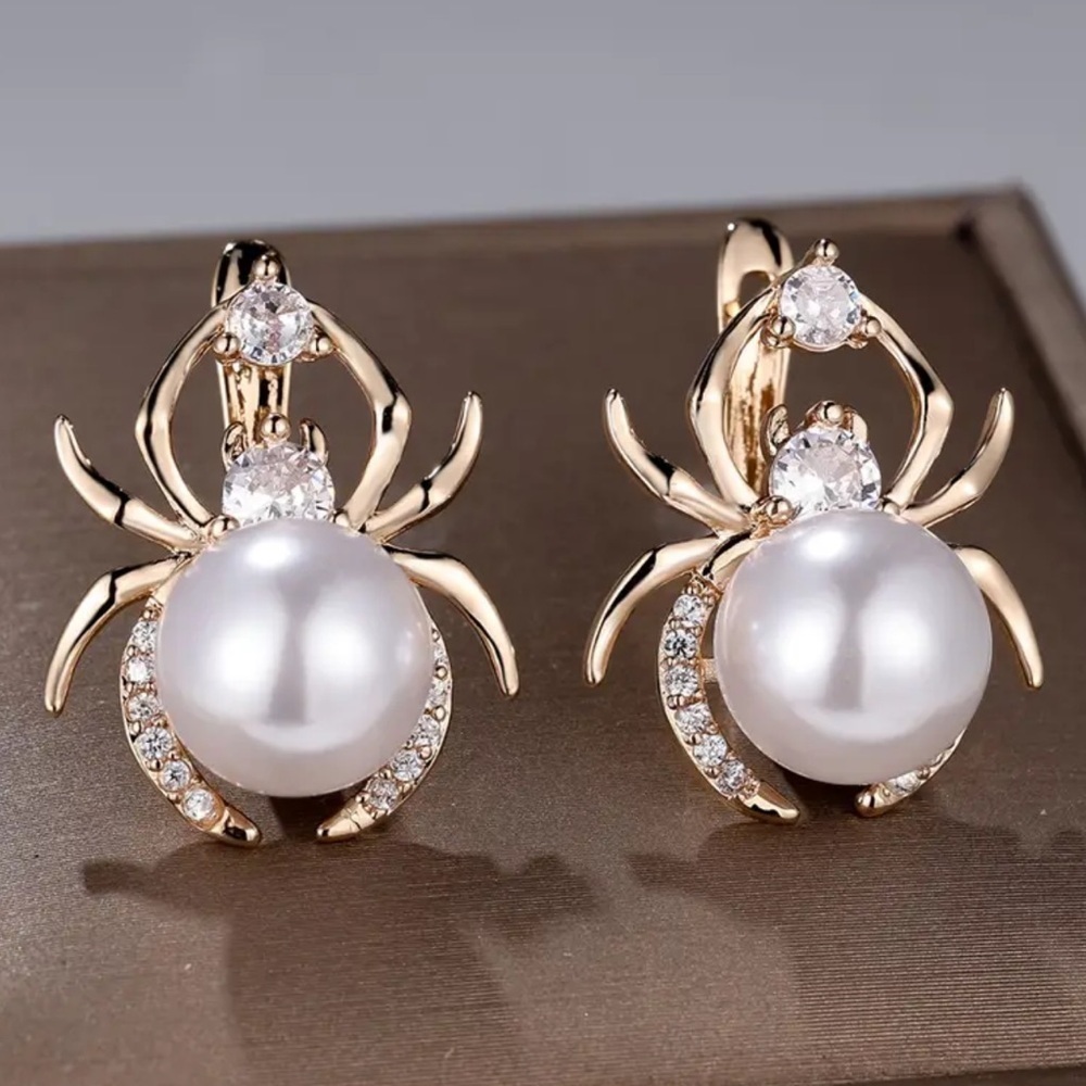 Elegant Gold and White Pearl Spider Earrings - Picture 3 of 4